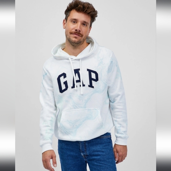 NWT! GAP, Logo Sweatshirt With Hood, White/Blue Swirl, Size XS - Picture 2 of 10